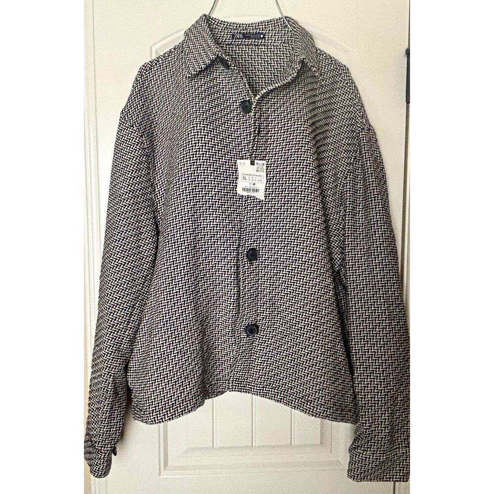 ZARA Unisex Black/White Houndstooth Button Front Short Jacket Pockets XL